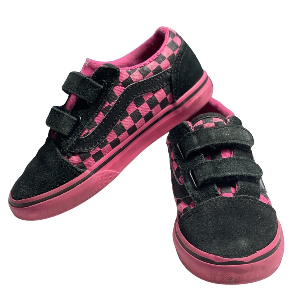 Pink and black checkered vans with Velcro
